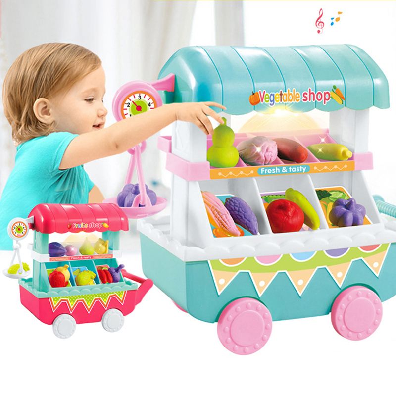 Kids Toy Role Play Mini Vegetables Fruit Shop Cart with Light Music Pretend Kitchen Toy Turquoise