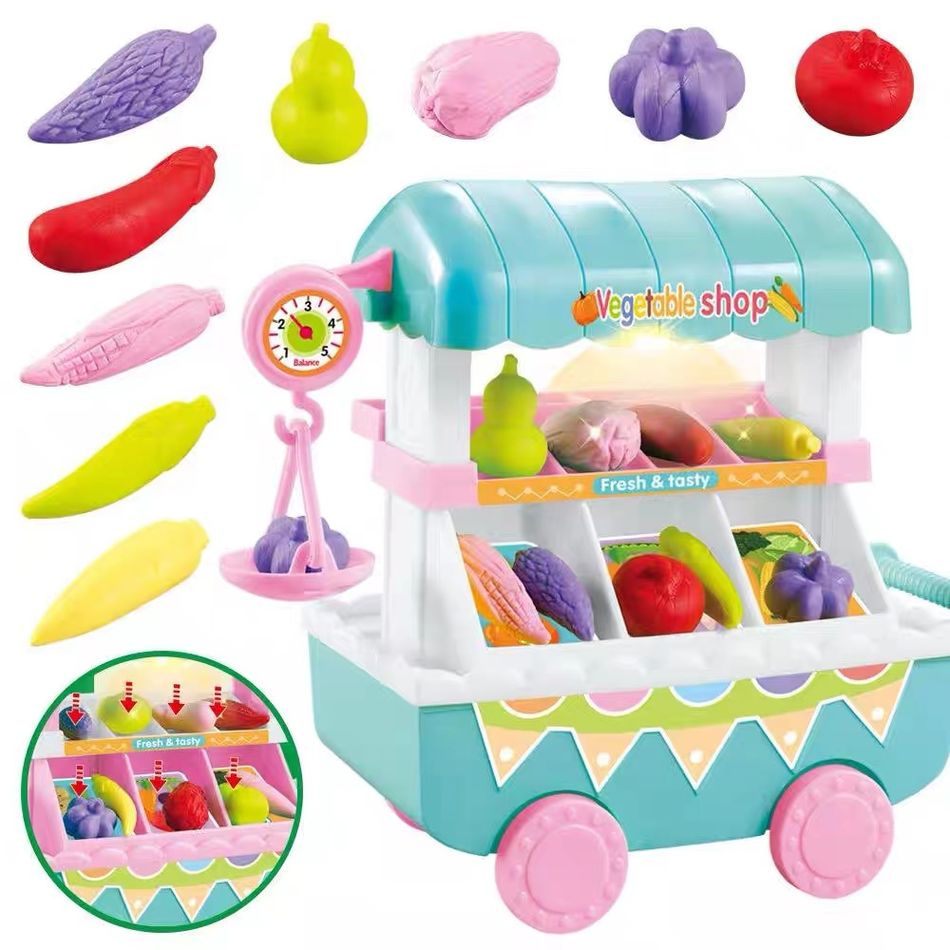 Kids Toy Role Play Mini Vegetables Fruit Shop Cart with Light Music Pretend Kitchen Toy Turquoise big image 2