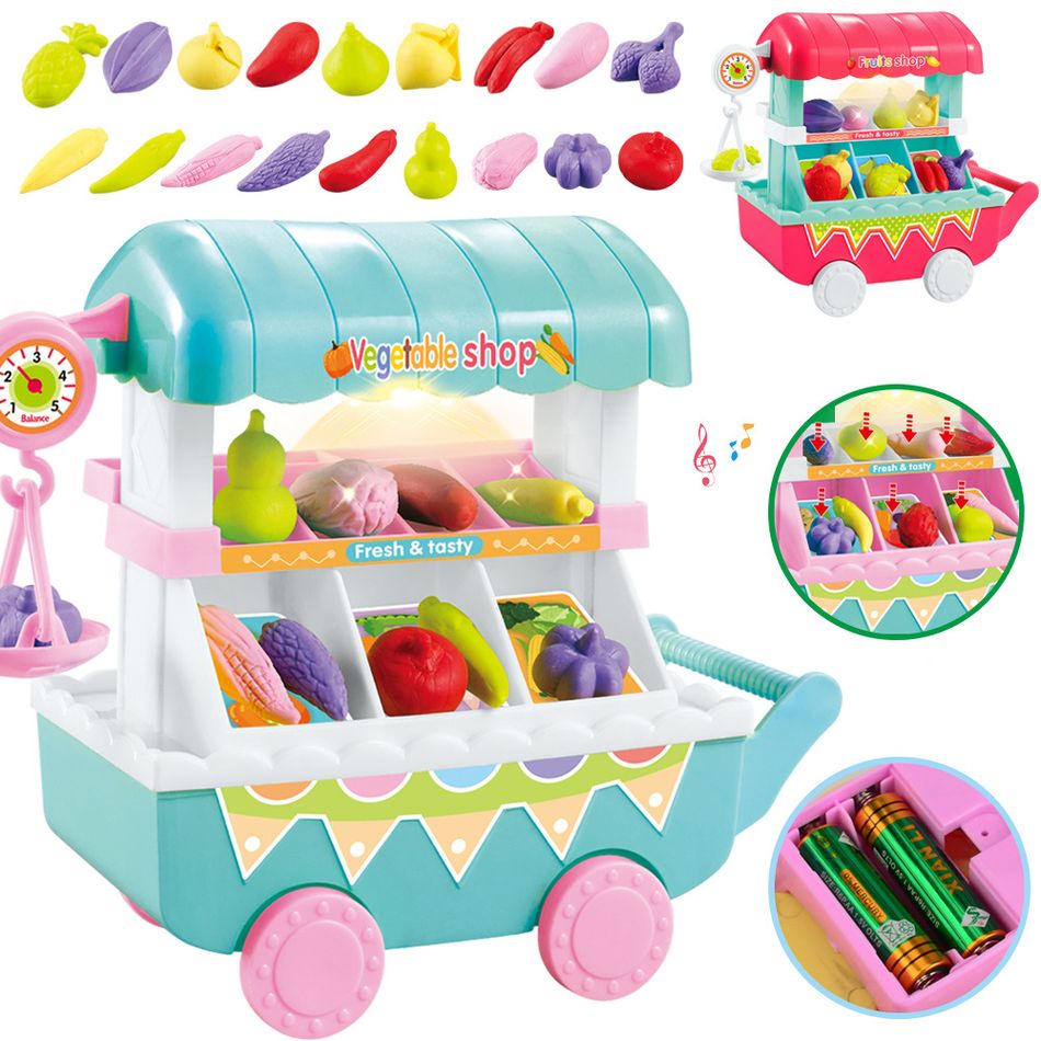 Kids Toy Role Play Mini Vegetables Fruit Shop Cart with Light Music Pretend Kitchen Toy Turquoise big image 3