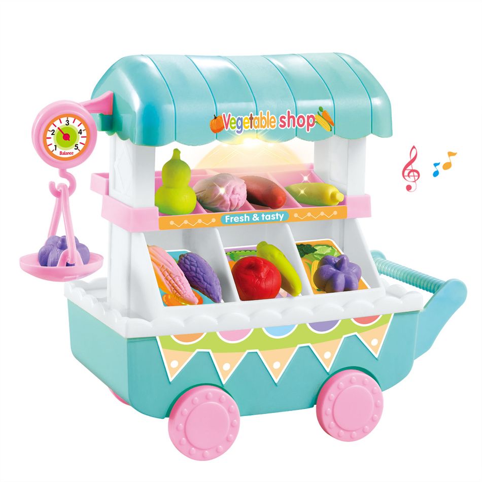 Kids Toy Role Play Mini Vegetables Fruit Shop Cart with Light Music Pretend Kitchen Toy Turquoise big image 4
