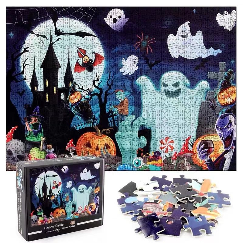 1000Pcs Halloween Gloomy Castle Jigsaw Puzzle Halloween Haunted House Party Puzzle for Kids Adults Color-A big image 2