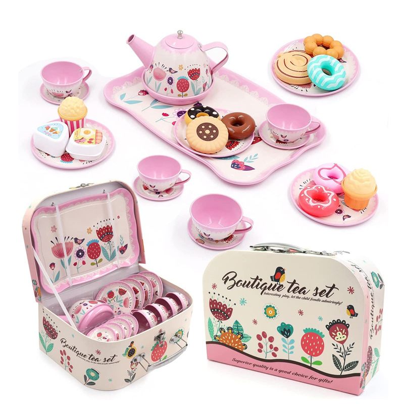 26Pcs Pink Tea Party Set for Little Girls Afternoon Tea Time Playset with Carrying Case Pink big image 1