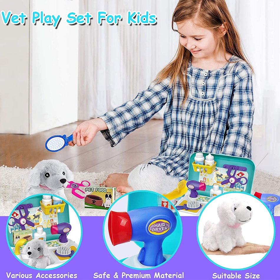 16Pcs Pet Care Play Set Kids Vet Backpack Play Set Vet Puppy Dog Grooming Toys Role Play Set Blue big image 2