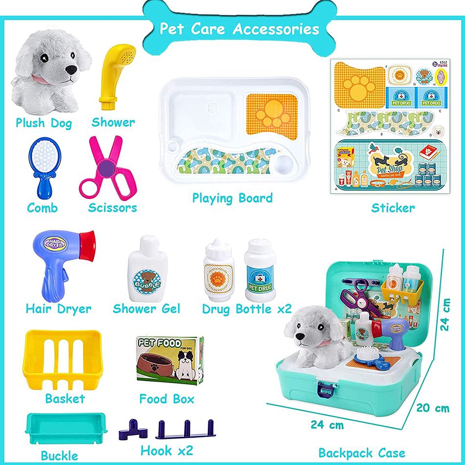 16Pcs Pet Care Play Set Kids Vet Backpack Play Set Vet Puppy Dog Grooming Toys Role Play Set Blue big image 7