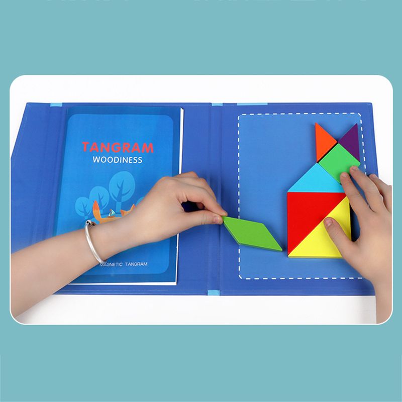 Tangram Puzzle Wooden Pattern Tangram Magnetic Puzzle Shape Blocks Jigsaw Book Brain Teasers IQ Educational Toy Dark Blue big image 3
