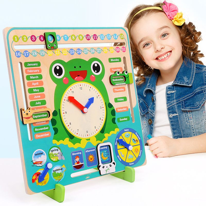 Montessori Wooden Toys Kids Clock Creative Unique Learning Toy About Seasons & Weather & Time & Months & Days of Week Green big image 1