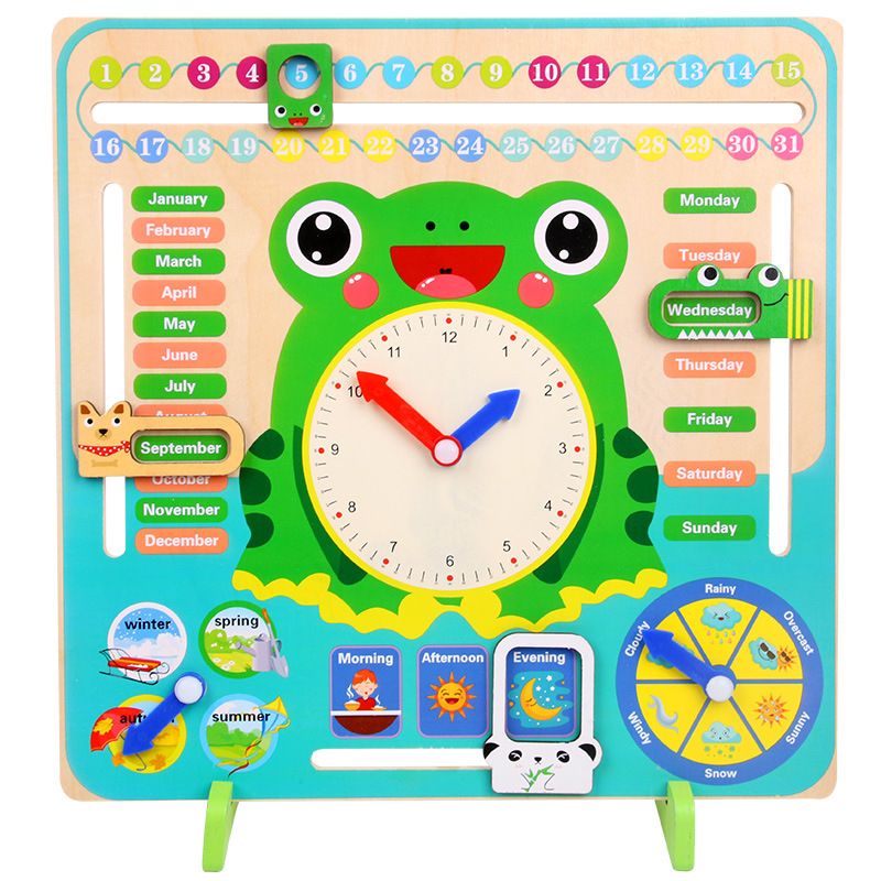 Montessori Wooden Toys Kids Clock Creative Unique Learning Toy About Seasons & Weather & Time & Months & Days of Week Green big image 2
