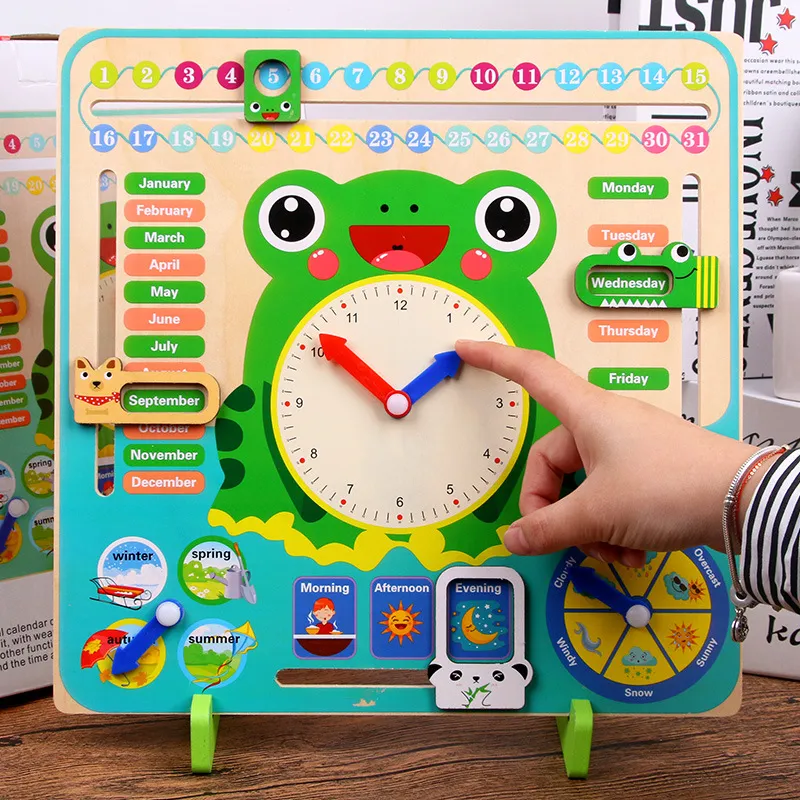 Montessori Wooden Toys Kids Clock Creative Unique Learning Toy About Seasons & Weather & Time & Months & Days of Week Green big image 3