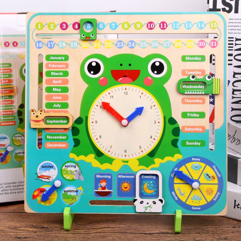 Montessori Wooden Toys Kids Clock Creative Unique Learning Toy About Seasons & Weather & Time & Months & Days of Week Green big image 4