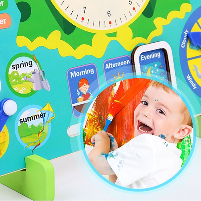 Montessori Wooden Toys Kids Clock Creative Unique Learning Toy About Seasons & Weather & Time & Months & Days of Week Green big image 6