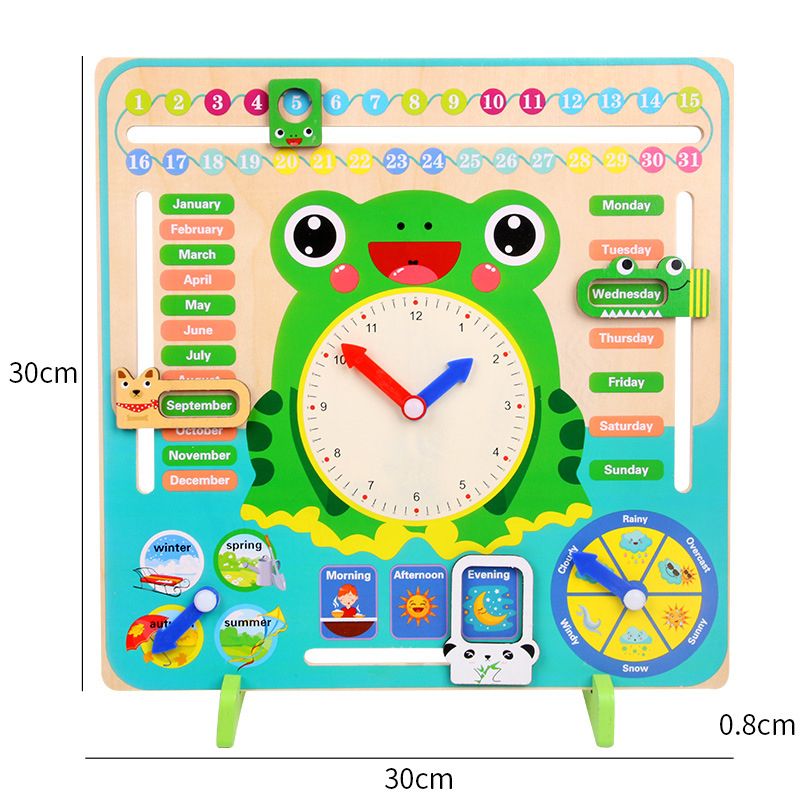 Montessori Wooden Toys Kids Clock Creative Unique Learning Toy About Seasons & Weather & Time & Months & Days of Week Green big image 5