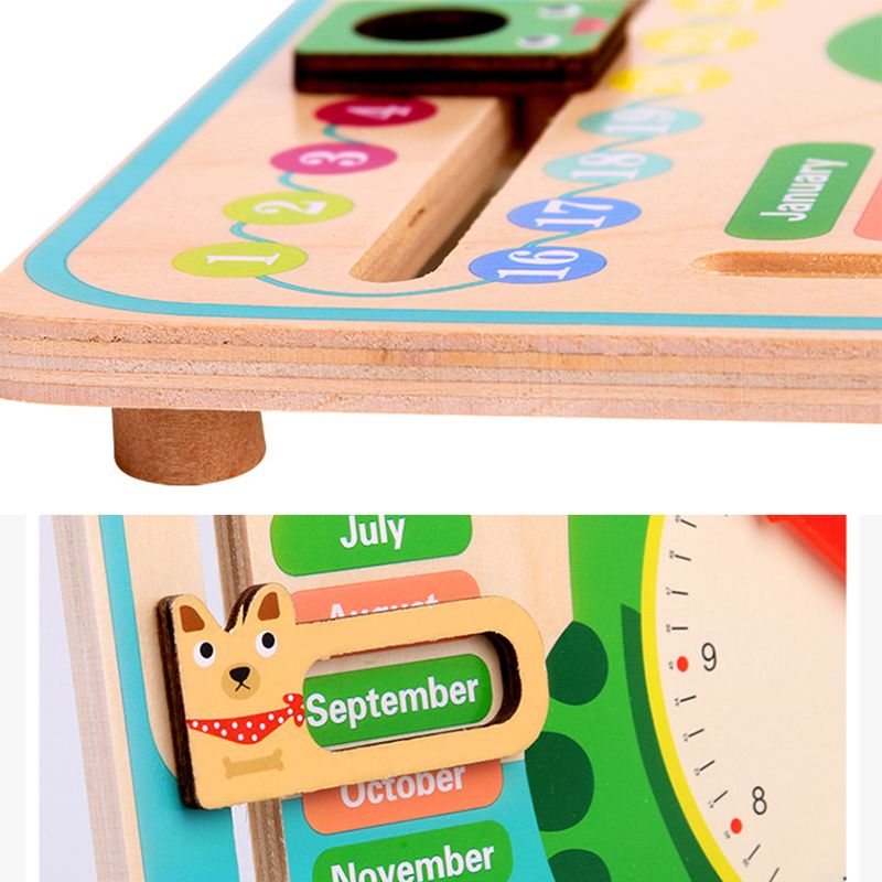 Montessori Wooden Toys Kids Clock Creative Unique Learning Toy About Seasons & Weather & Time & Months & Days of Week Green big image 7