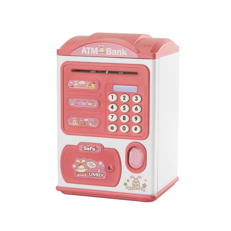 Kids Piggy Bank Electronic Mini ATM Savings Machine with Password & Fingerprint Unlocking Simulation & Music & Chinese-English Bilingual Switch Color-A big image 1