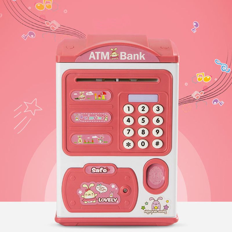 Kids Piggy Bank Electronic Mini ATM Savings Machine with Password & Fingerprint Unlocking Simulation & Music & Chinese-English Bilingual Switch Color-A big image 3