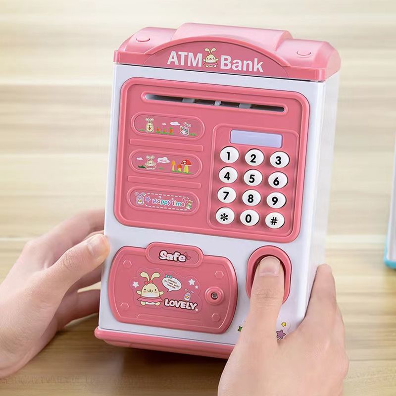 Kids Piggy Bank Electronic Mini ATM Savings Machine with Password & Fingerprint Unlocking Simulation & Music & Chinese-English Bilingual Switch Color-A big image 6