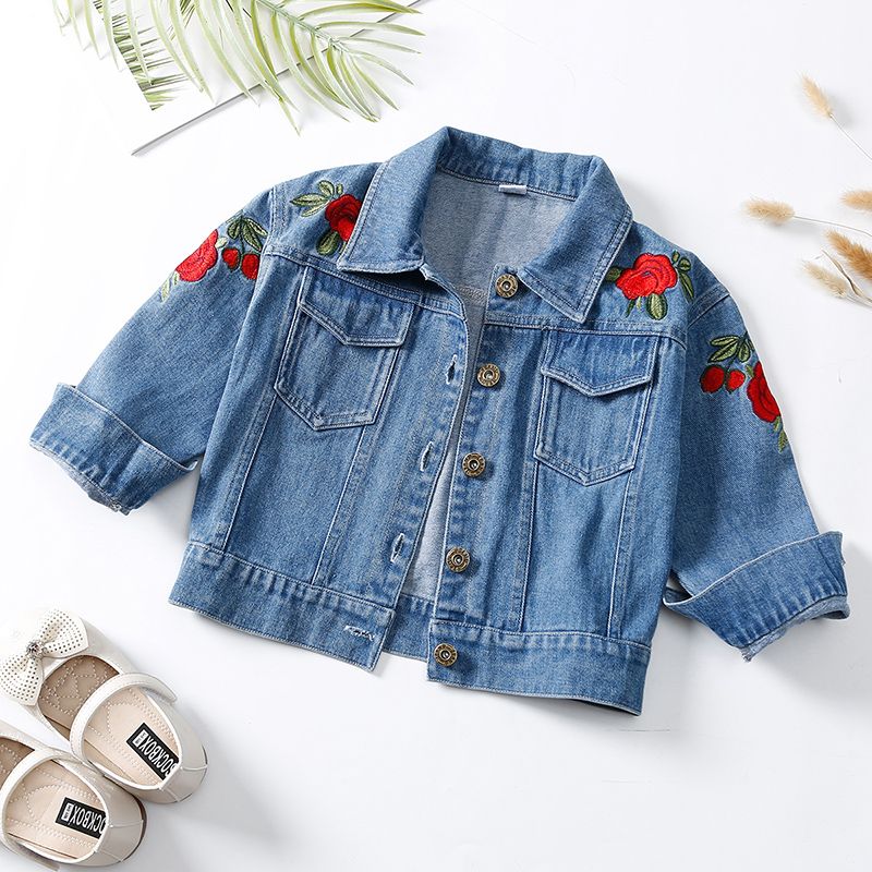 Kid Girl 100% Cotton Floral Embroidery Lapel Collar Button Design Denim Jacket Blue