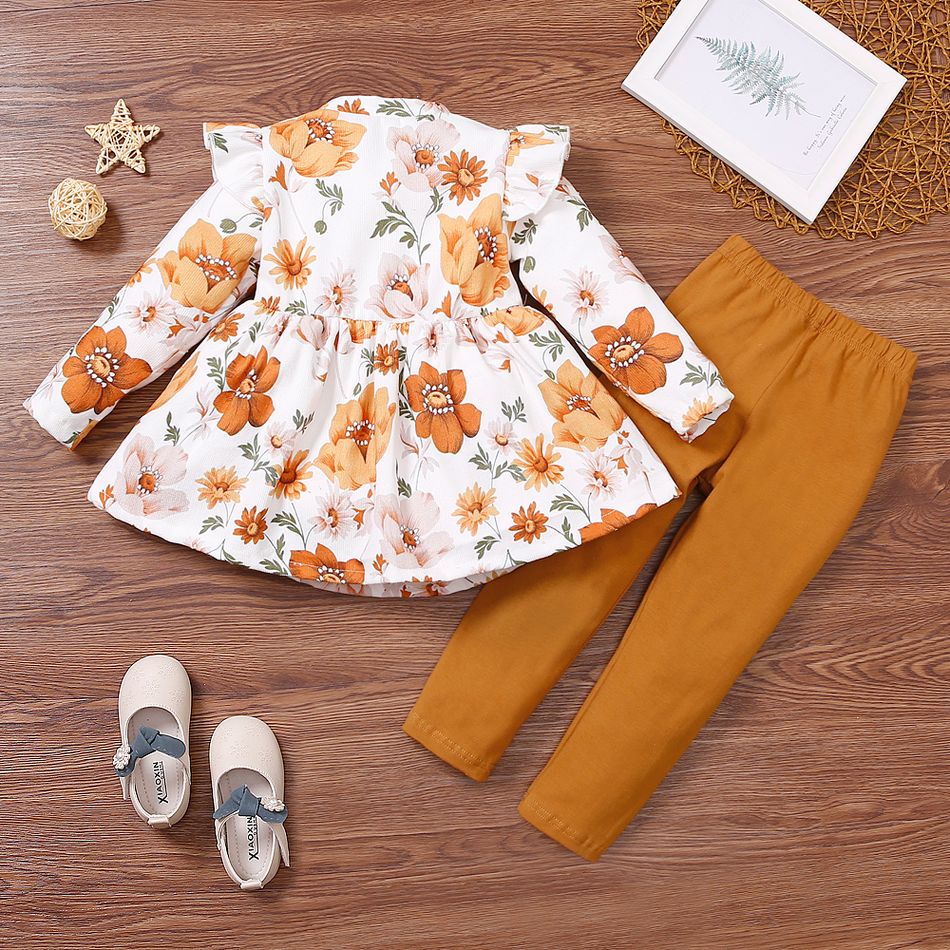2-piece Toddler Girl Floral Print Button Design Corduroy Flutter Long-sleeve Top and Solid Pants Set Yellow big image 2