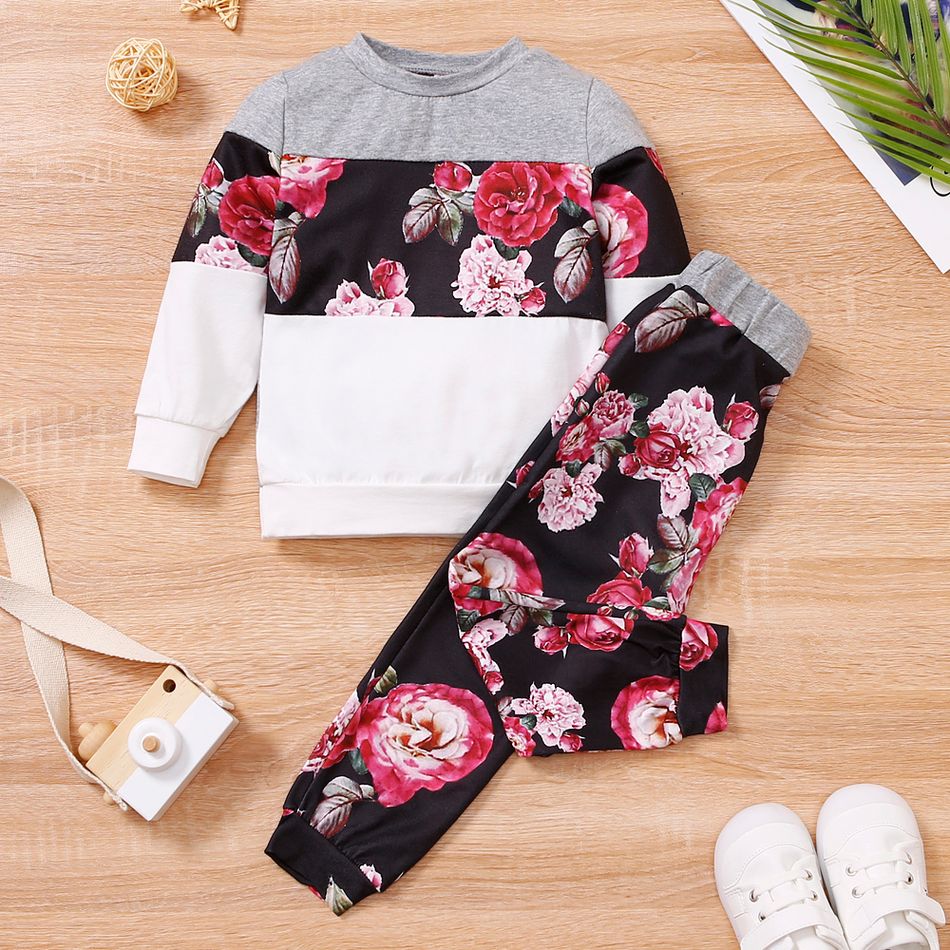 2-piece Toddler Girl Heart/Floral Print Colorblock Pullover and Pants Set Black big image 1