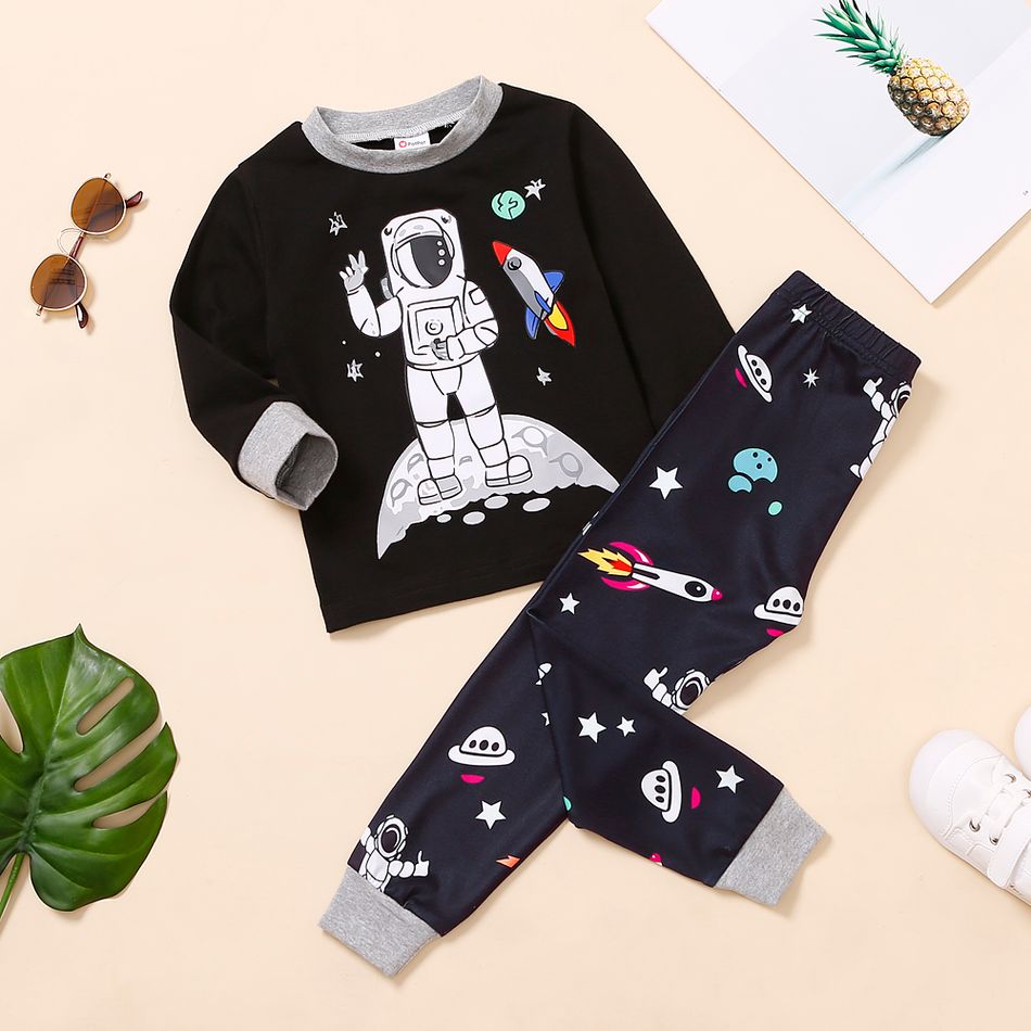 2-piece Toddler Boy /Girl Space Rocket Astronaut Planet Print Pullover and Pants Set Black