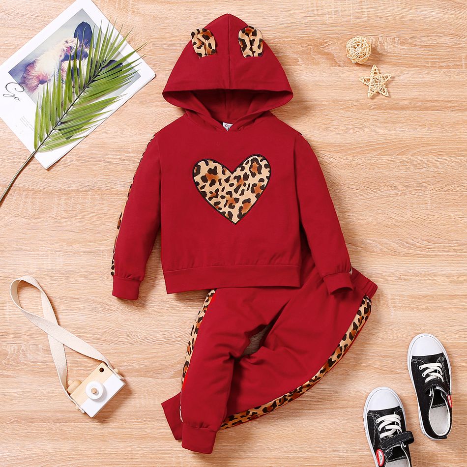 2-piece Toddler Girl Leopard Print Heart Pattern Hoodie Sweatshirt and Pants Set Burgundy big image 2