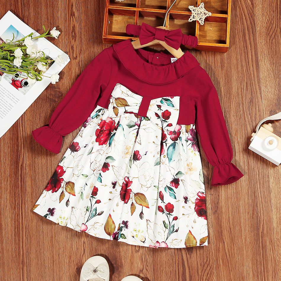 Toddler Girl Doll Collar Floral Print Button Design Ruffled Long-sleeve Dress Red
