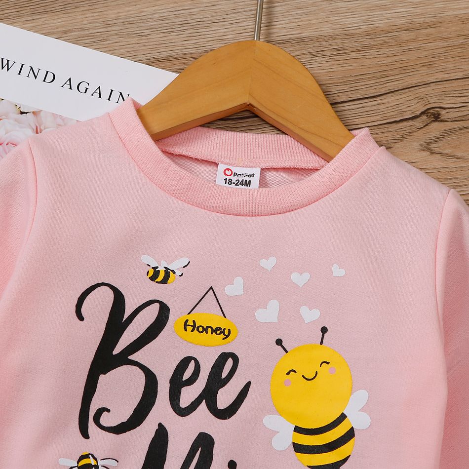 Toddler Girl Letter Bee Print Casual Pullover Sweatshirt Light Pink big image 5