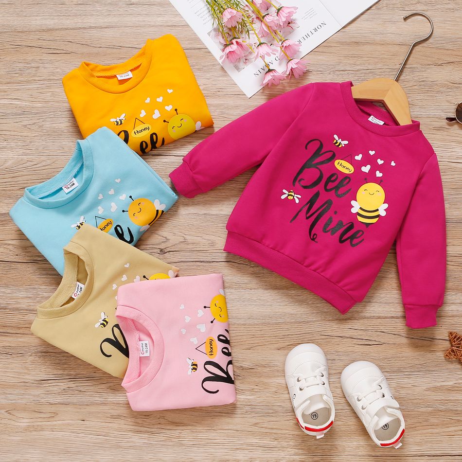 Toddler Girl Letter Bee Print Casual Pullover Sweatshirt Light Pink big image 3