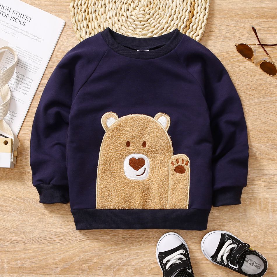 Toddler Boy Fuzzy Bear Embroidered Raglan Sleeve Pullover Sweatshirt Royal Blue