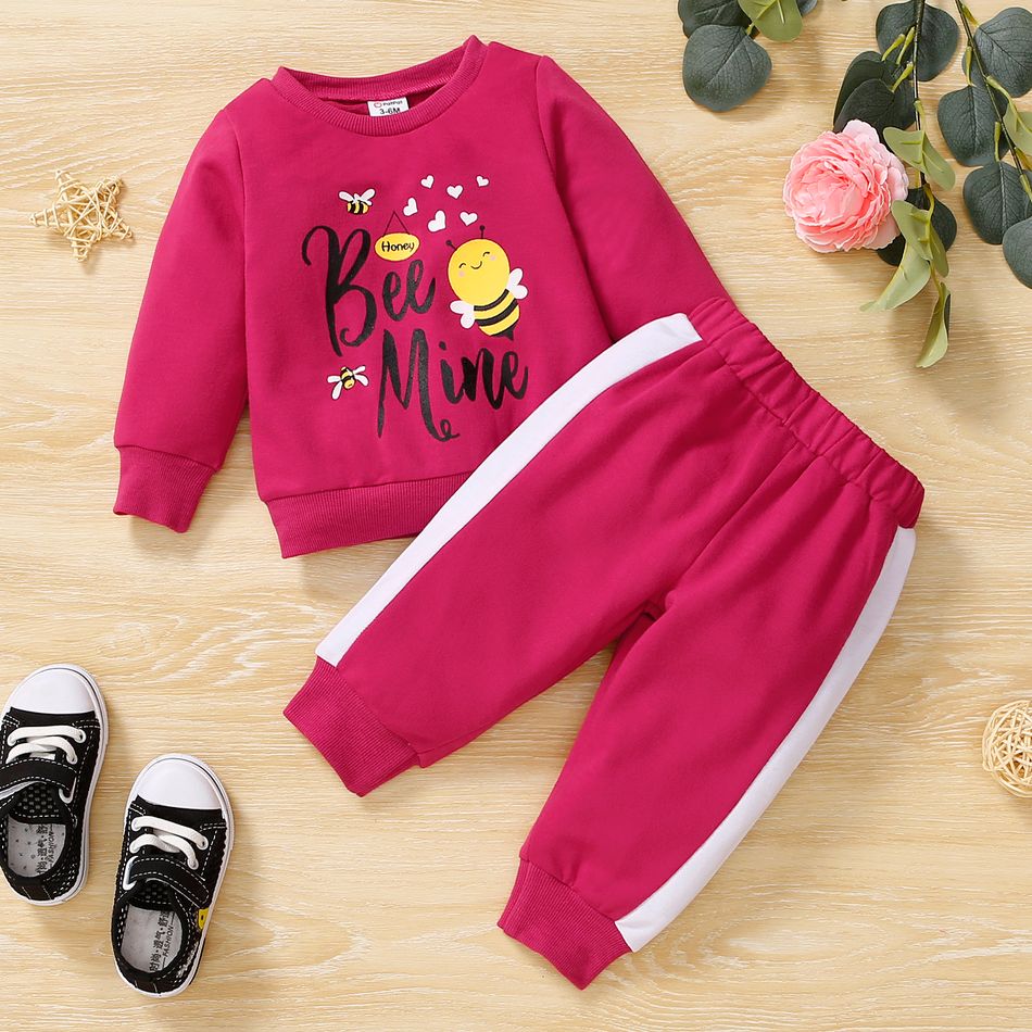 2pcs Baby Girl Cartoon Bee and Letter Print Hot Pink Long-sleeve Sweatshirt with Sweatpants Set Hot Pink