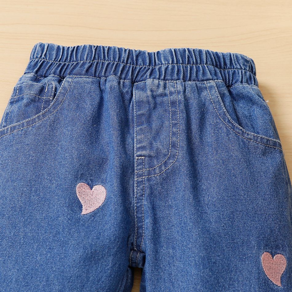 Toddler Girl Heart Embroidered Elasticized Blue Denim Jeans Blue big image 3