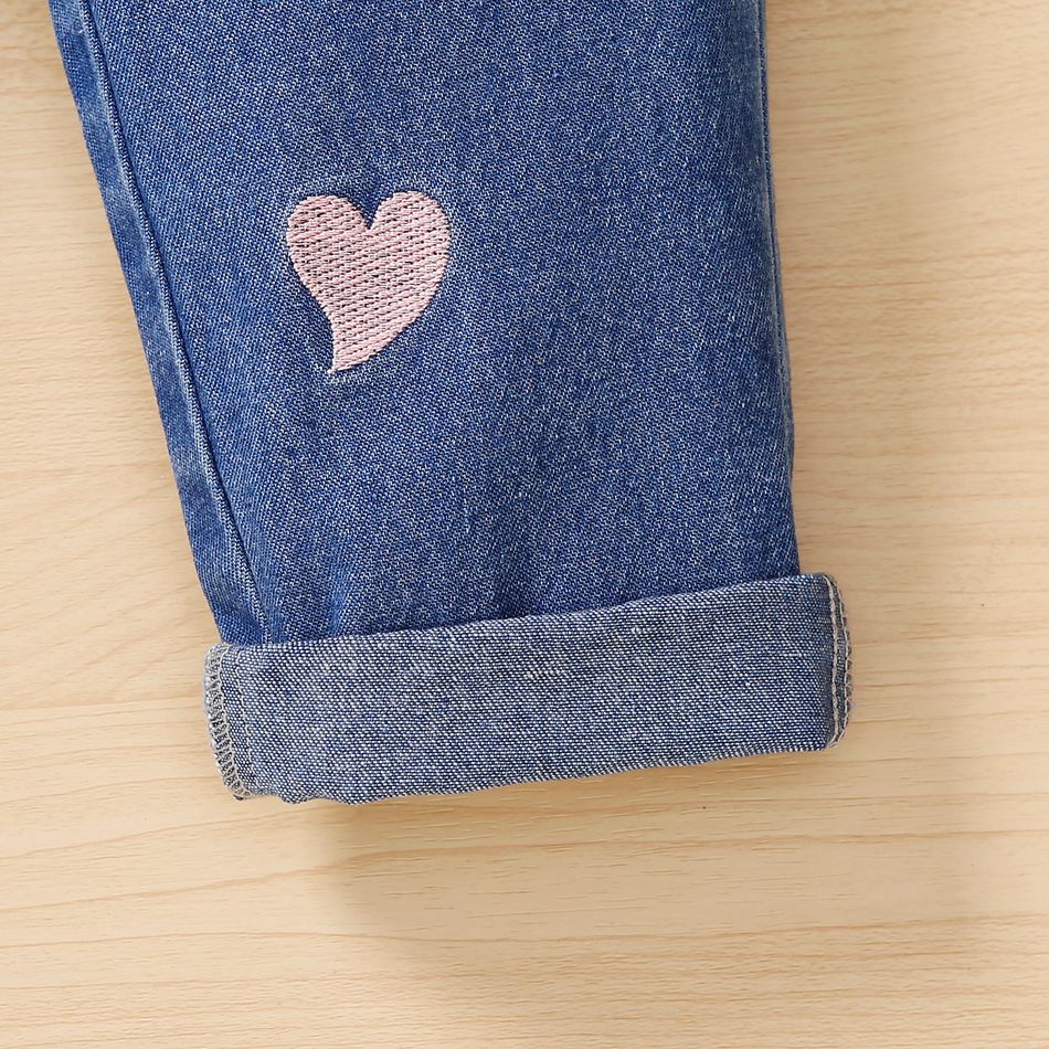 Toddler Girl Heart Embroidered Elasticized Blue Denim Jeans Blue big image 4