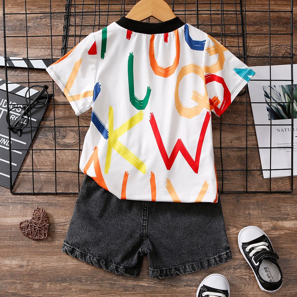 2pcs Toddler Boy Avant-garde Ripped Denim Shorts & Letter Print Tee Set Multi-color big image 1
