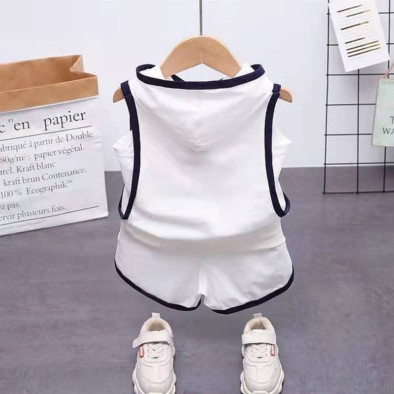 2pcs Toddler Boy Casual Letter Print Hooded Sleeveless Tee & Shorts Set White big image 3