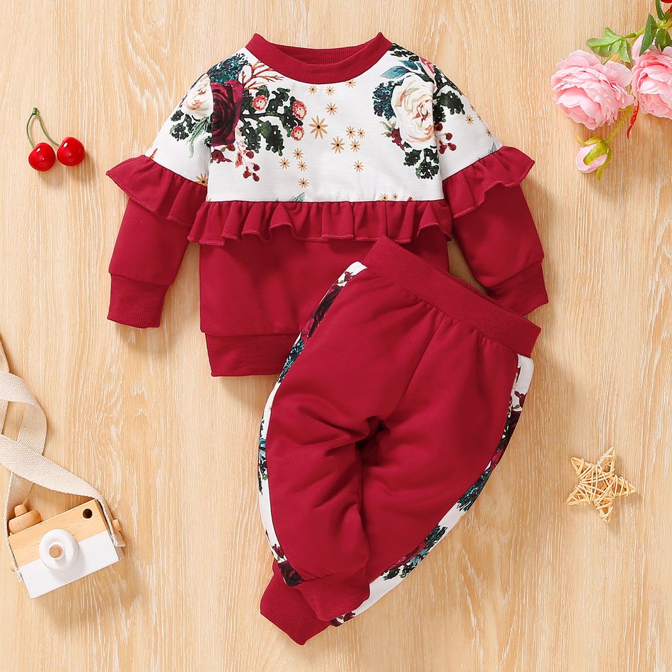2pcs Baby Girl Floral Print Splicing Solid Ruffle Long-sleeve Sweatshirt and Trousers Set Burgundy