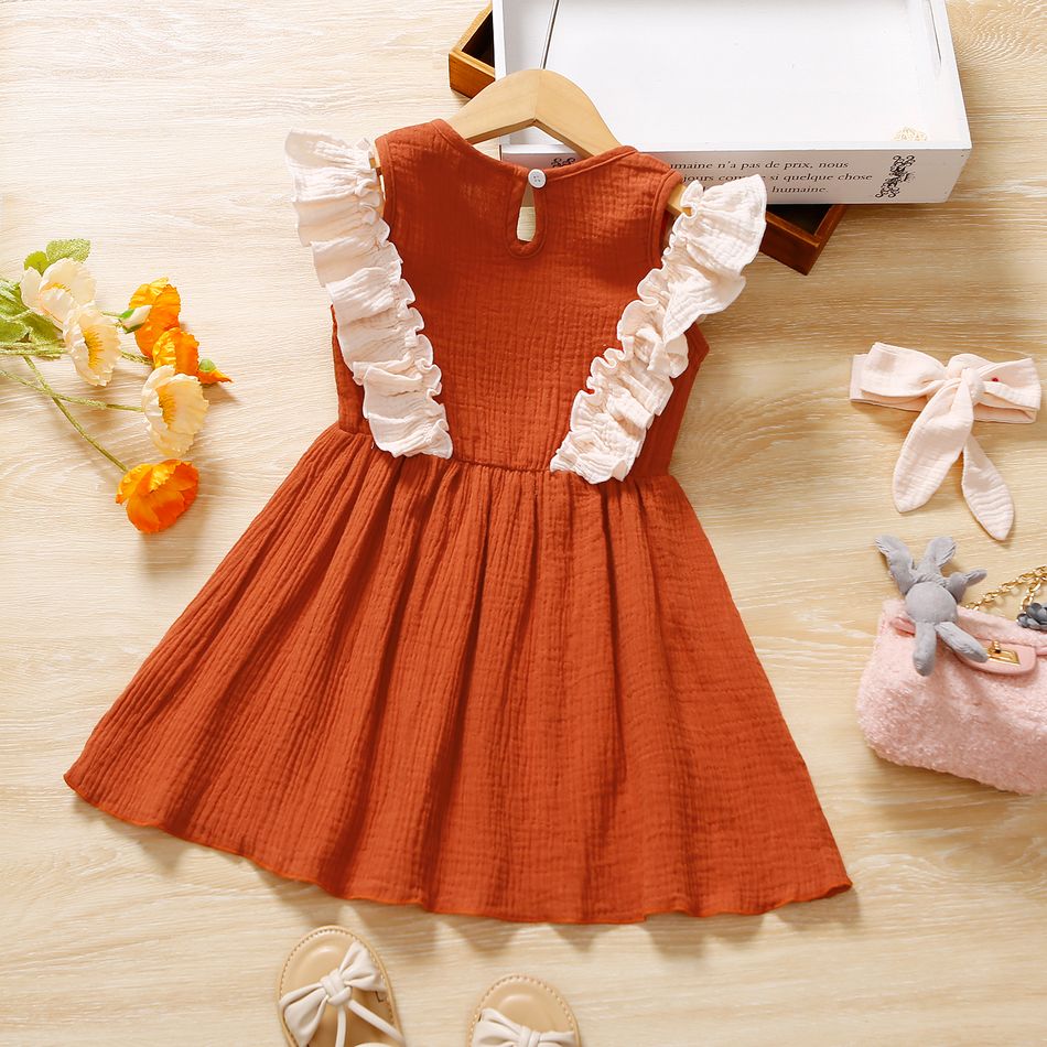 Toddler Girl 100% Cotton Ruffled Sleeveless Crepe Dress RustRed big image 2