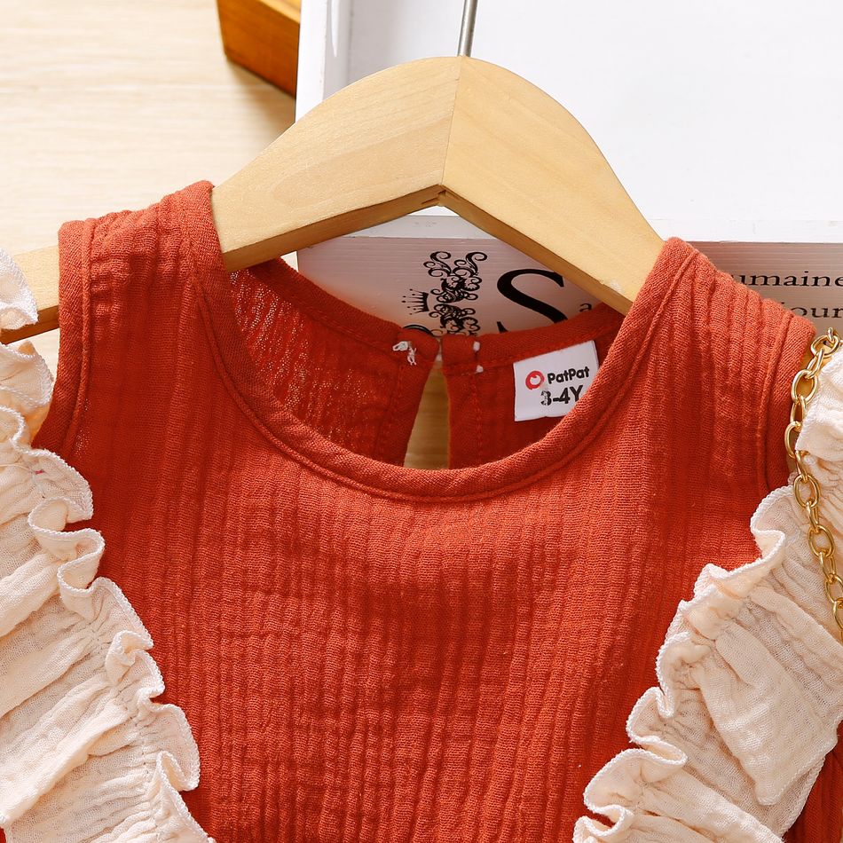 Toddler Girl 100% Cotton Ruffled Sleeveless Crepe Dress RustRed big image 3