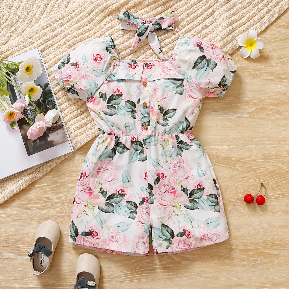 Toddler Girl Floral Print Square Neck Short Puff-sleeve Rompers Multi-color