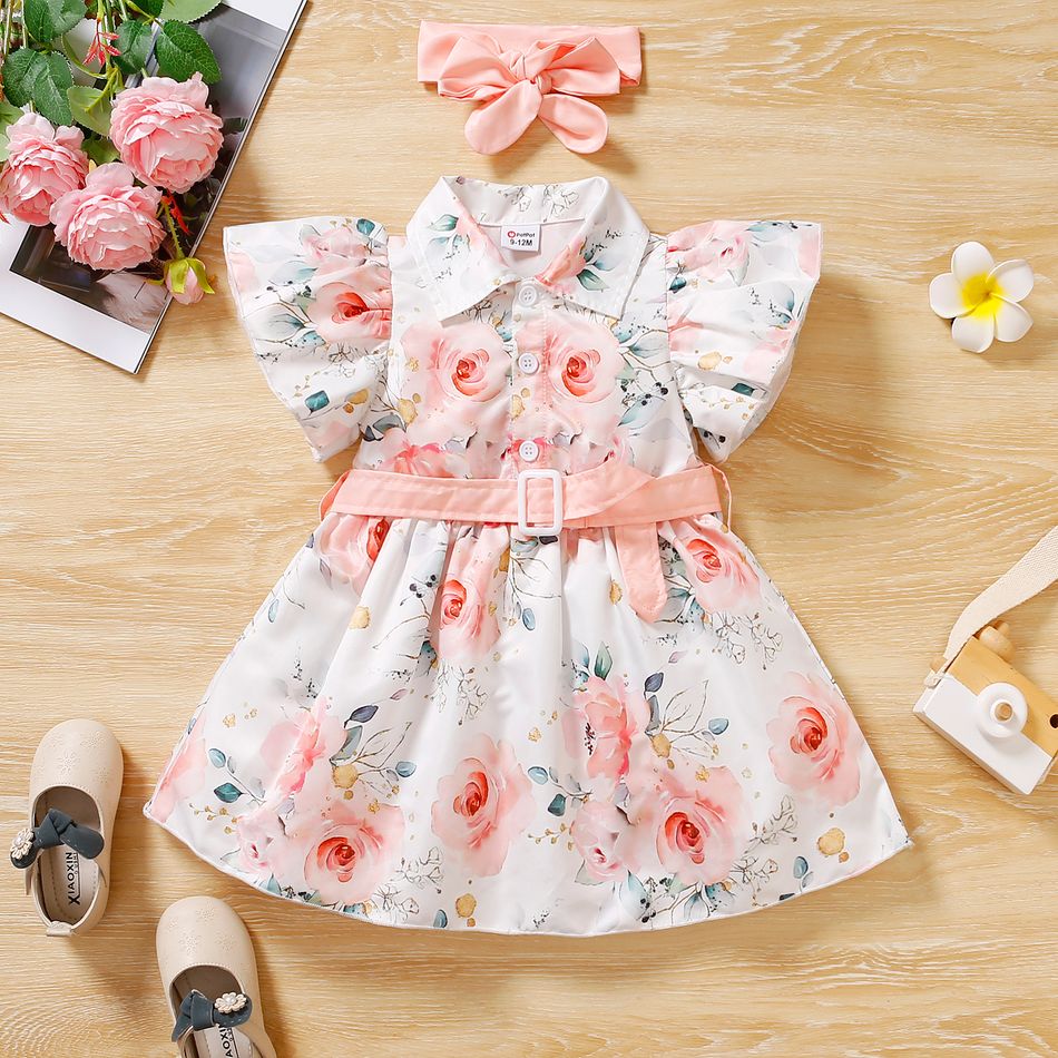 2pcs Baby Girl All Over Pink Floral Print Short-sleeve Belted Button Up Dress with Headband Set Pink