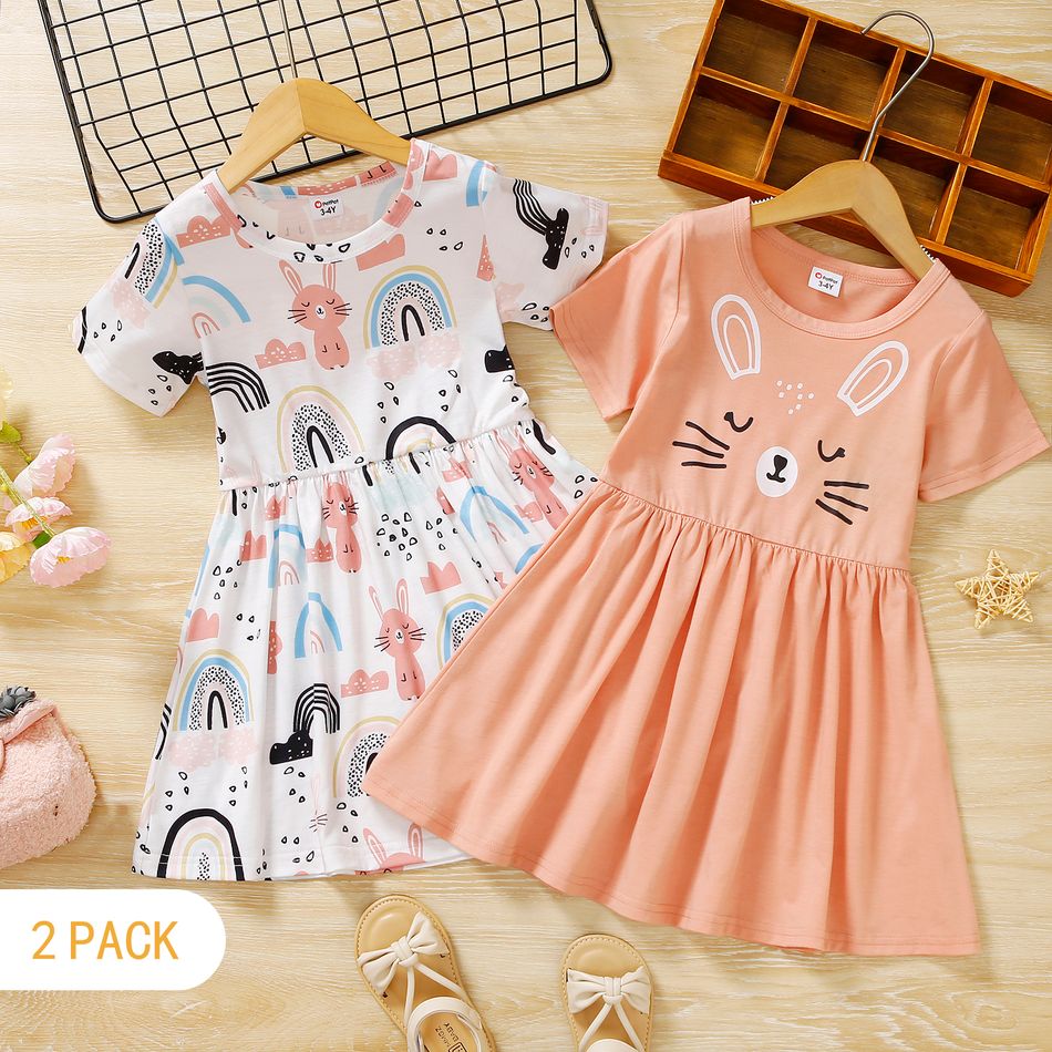 2-Pack Toddler Girl Rabbir/Rainbow Print Short-sleeve Dress Colorful