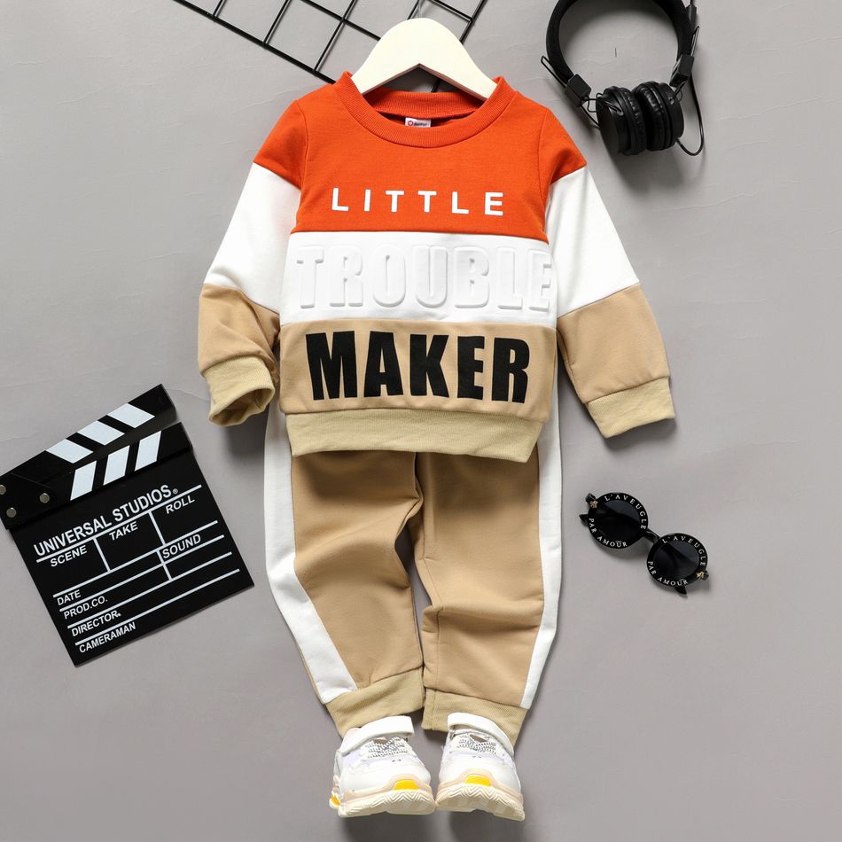 2pcs Toddler Boy Trendy Letter Print Colorblock Sweatshirt and Pants Set Apricot big image 1