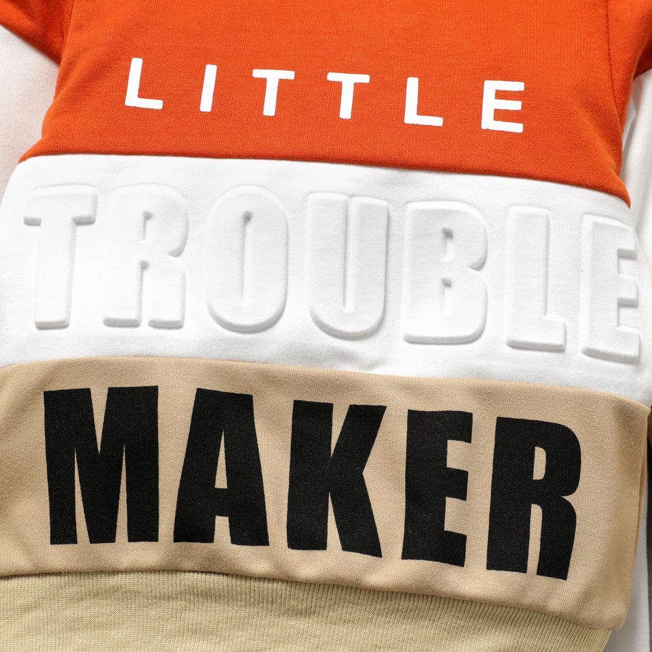 2pcs Toddler Boy Trendy Letter Print Colorblock Sweatshirt and Pants Set Apricot big image 4