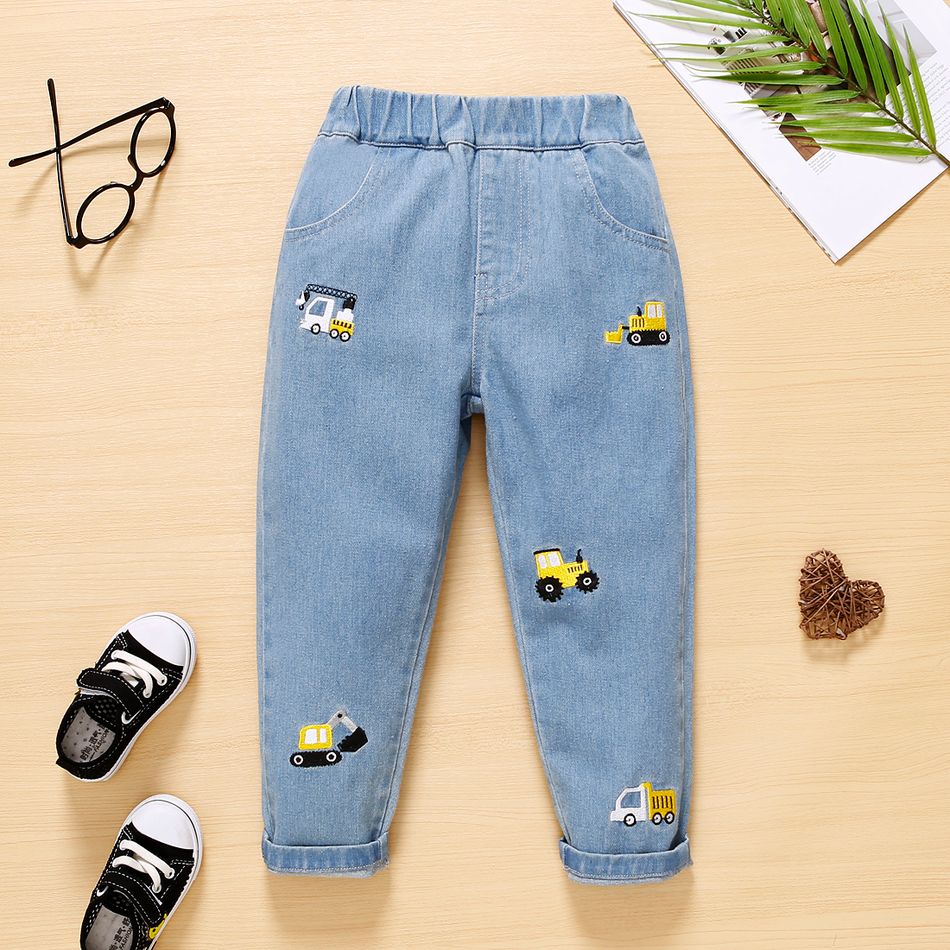 Toddler Boy Playful 100% Cotton Vehicle Embroidered Denim Jeans Blue