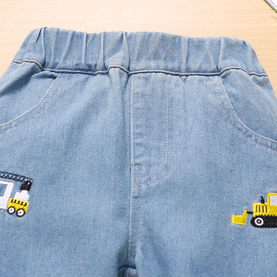 Toddler Boy Playful 100% Cotton Vehicle Embroidered Denim Jeans Blue big image 3