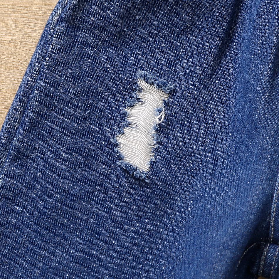 2pcs Toddler Girl Trendy Ripped Denim Jeans and Cold Shoulder Long-sleeve Tee Set Blue big image 7