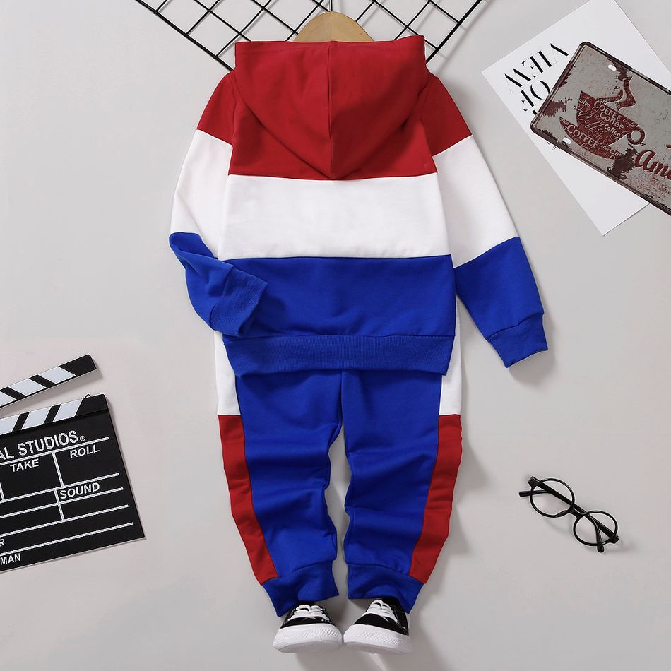 2pcs Toddler Boy Trendy Letter Print Colorblock Hoodie Sweatshirt and Pants Set Dark blue/White/Red big image 2