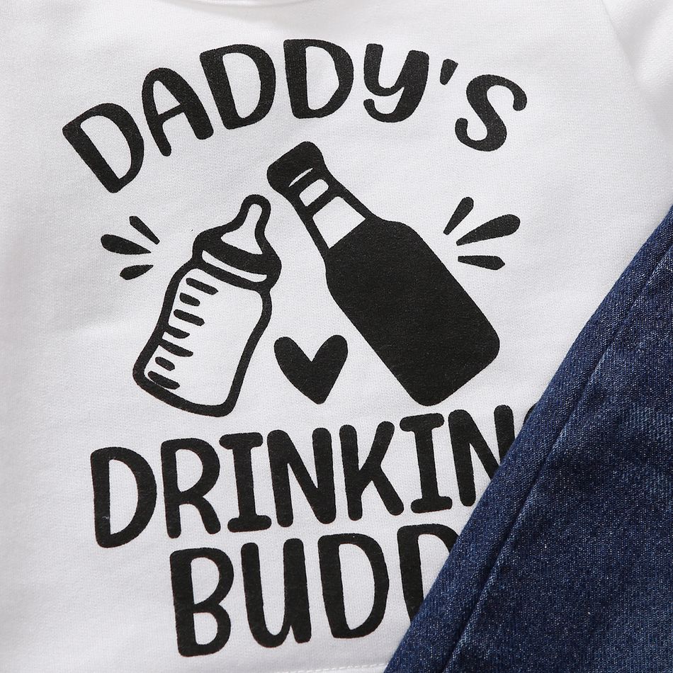 2pcs Baby Boy/Girl Milk and Beer Bottle & Letter Print Long-sleeve Tee and Ripped Denim Overalls Set White big image 5