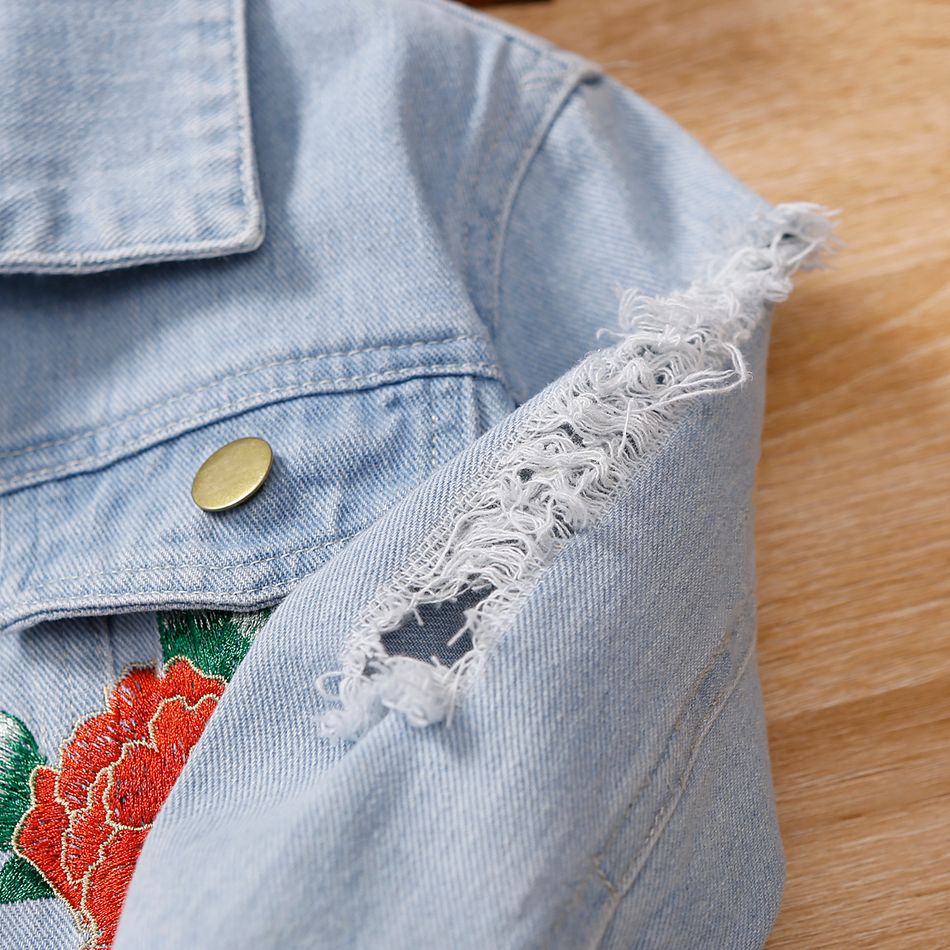 Toddler Girl Sweet Floral Embroidered Denim Irregular Cotton Jacket (Tee is not included) Light Blue big image 6
