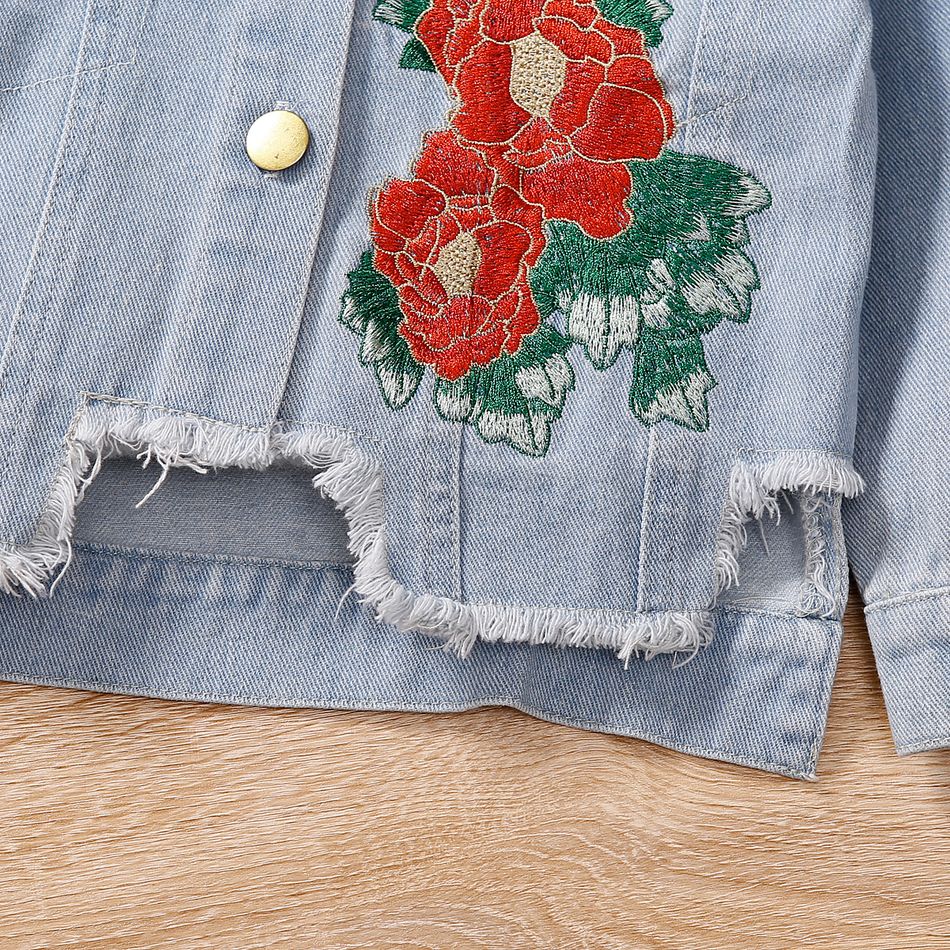 Toddler Girl Sweet Floral Embroidered Denim Irregular Cotton Jacket (Tee is not included) Light Blue