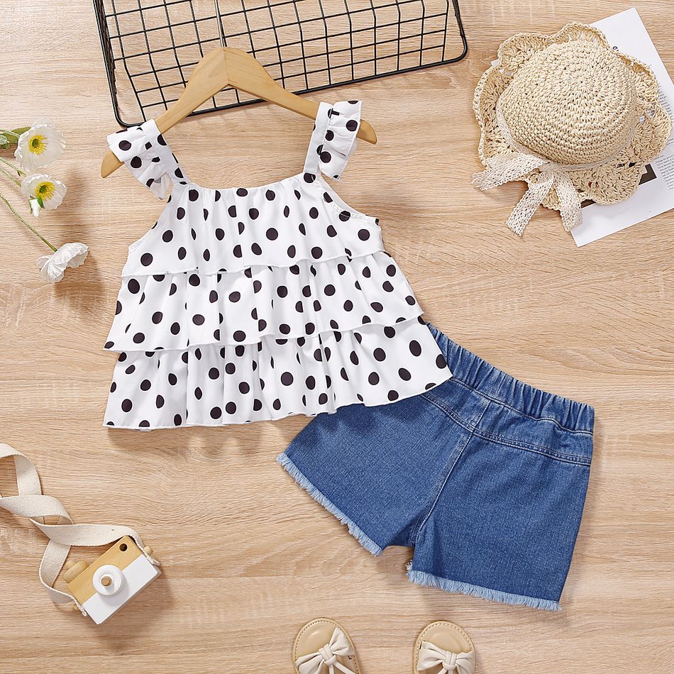 2pcs Toddler Girl Trendy Denim Patchwork Shorts and Polka dots Camisole Set White big image 7