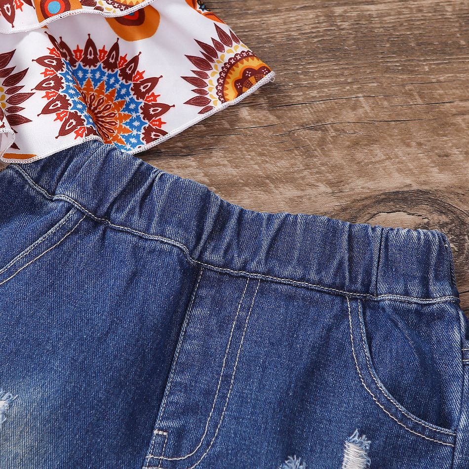 2pcs Toddler Girl Boho Ripped Denim Shorts and Exotic Graphic Camisole Set Multi-color big image 6